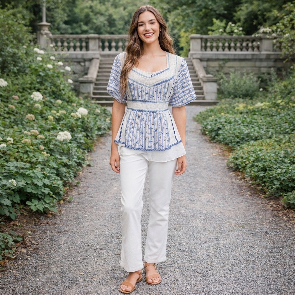 Nolita Vintage Style Cottagecore Floral Lace Peasant Top Blue‎ Prairie Romantic